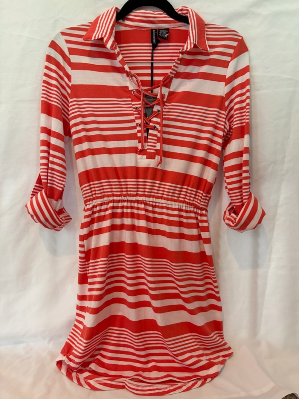 Long Sleeve Coral & White Striped Lace-Up Dress
